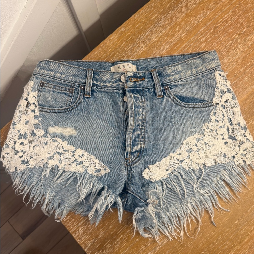 We The Free Light Blue Denim Shorts with White Lace